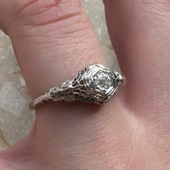 Antique Filigree 14k White Gold Old Mine Cut Diamond Engagement Ring - Picture 9 of 16